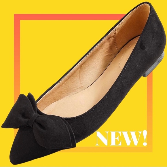 NWT Black Vegan Suede Bow Detail Pointed Toe Flats - Picture 1 of 1